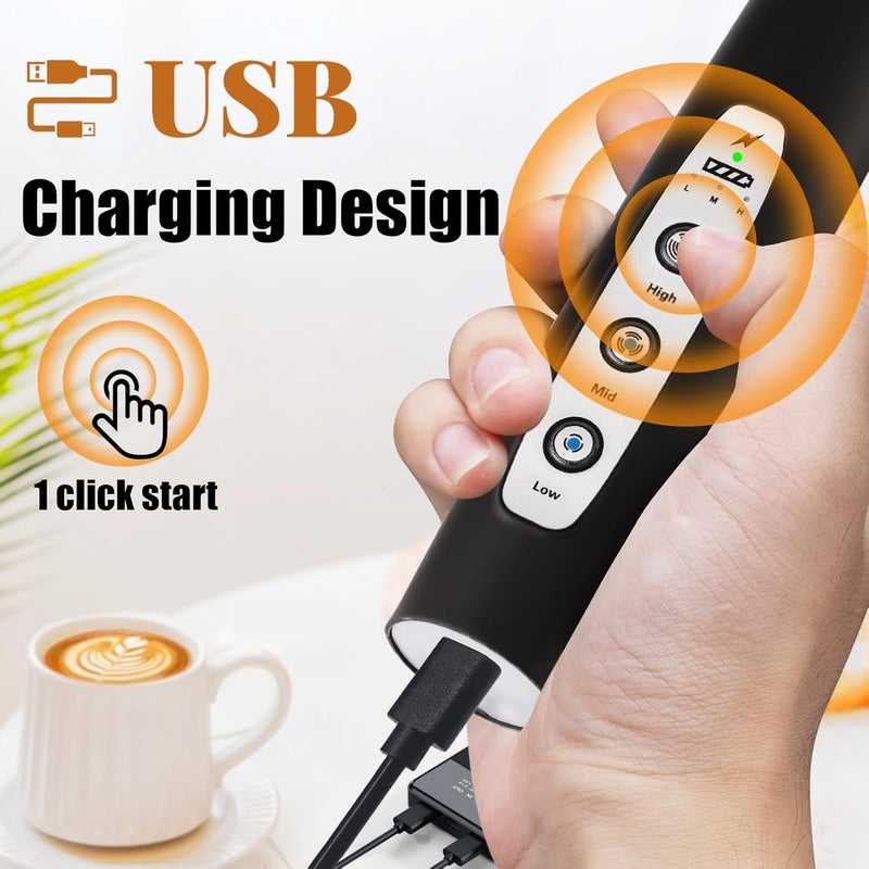Nahida Black Milk Frother Wand for Coffee, Frother Handheld Rechargeable Electric Whisk Drink Mixer with 3 Heads 3 Speeds Coffee Frother Electric Stirrer For Latte, Cappuccino, Hot Chocolate - Image 2